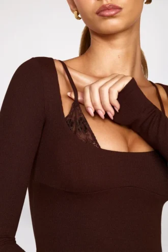 Caris Ribbed Modal Long-Sleeve Laced Bra Mini Dress in Chocolate Brown