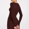 Caris Ribbed Modal Long-Sleeve Laced Bra Mini Dress in Chocolate Brown