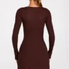 Caris Ribbed Modal Long-Sleeve Laced Bra Mini Dress in Chocolate Brown