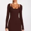 Caris Ribbed Modal Long-Sleeve Laced Bra Mini Dress in Chocolate Brown