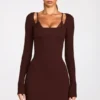 Caris Ribbed Modal Long-Sleeve Laced Bra Mini Dress in Chocolate Brown
