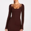 Caris Ribbed Modal Long-Sleeve Laced Bra Mini Dress in Chocolate Brown