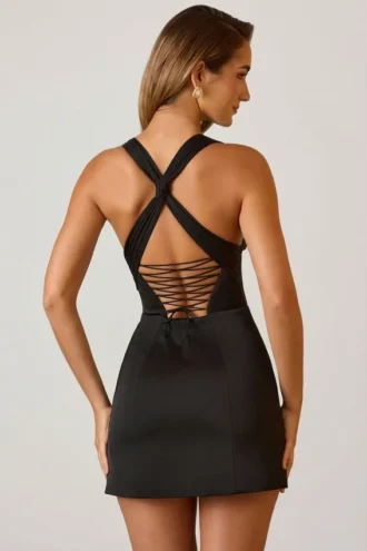 Carlotta Halterneck Lace-Up A-Line Mini Dress in Black