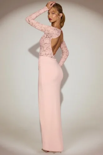 Carmina Lace Scalloped Plunge-Neck Maxi Dress in Pink