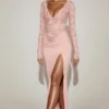 Carmina Lace Scalloped Plunge-Neck Maxi Dress in Pink