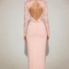 Carmina Lace Scalloped Plunge-Neck Maxi Dress in Pink