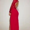 Carmina Lace Scalloped Plunge-Neck Maxi Dress in True Red