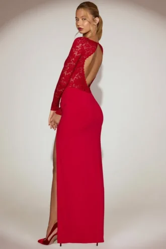 Carmina Lace Scalloped Plunge-Neck Maxi Dress in True Red