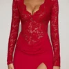 Carmina Lace Scalloped Plunge-Neck Maxi Dress in True Red