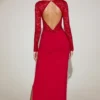 Carmina Lace Scalloped Plunge-Neck Maxi Dress in True Red