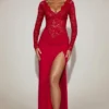 Carmina Lace Scalloped Plunge-Neck Maxi Dress in True Red