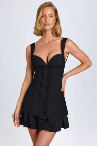 Cassandra Ruffle-Trim Button-Detail Corset Mini Dress in Black