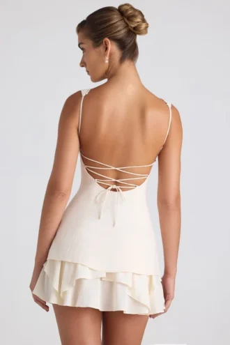 Cassandra Ruffle-Trim Button-Detail Corset Mini Dress in Ivory
