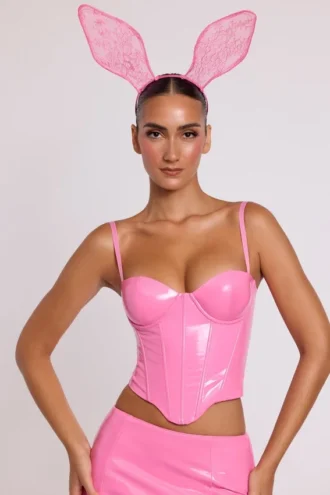 Cassandra Vinyl Underwired Corset Crop Top in Pink