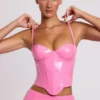 Cassandra Vinyl Underwired Corset Crop Top in Pink