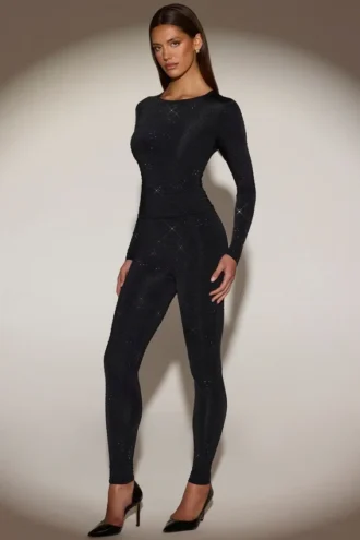 Cassie Embellished Jersey High-Waisted Leggings in Black
