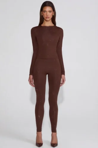 Cassie Embellished Jersey High-Waisted Leggings in Chocolate Brown