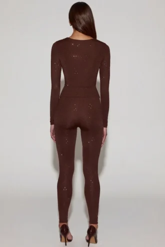 Cassie Embellished Jersey High-Waisted Leggings in Chocolate Brown
