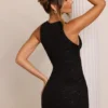 Cassis Embellished Plunge Neck Mini Dress in Black