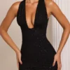 Cassis Embellished Plunge Neck Mini Dress in Black