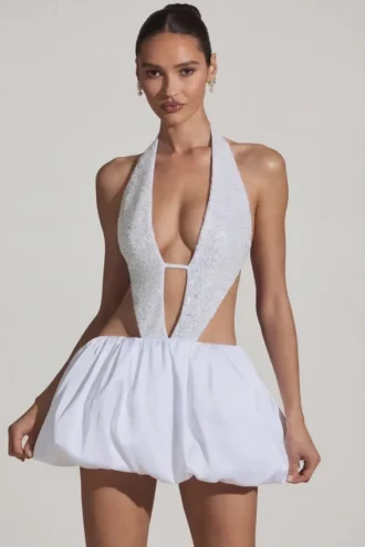 Cece Embellished Cut-Out Bubble Hem Mini Dress in White