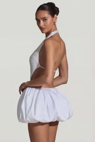 Cece Embellished Cut-Out Bubble Hem Mini Dress in White