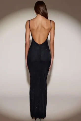 Celandine Sheer Embellished Backless Maxi Dress in Black