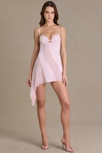 Celestia Satin Embellished Cupped Mini Dress in Baby Pink