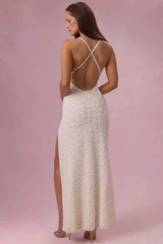 Celinea Embellished Square Neck Maxi Dress in Ivory