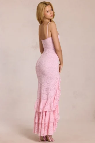 Celira Lace Ruffle Maxi Dress in Blossom Pink