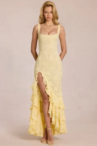 Celira Lace Ruffle Maxi Dress in Lemon Yellow