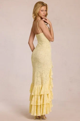 Celira Lace Ruffle Maxi Dress in Lemon Yellow