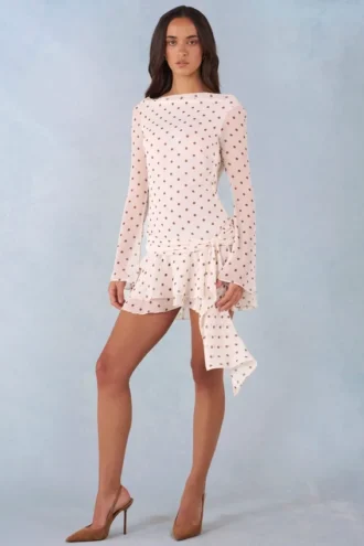 Cendria Long-Sleeve Open-Back Mini Dress in Ivory Polka Dot Print
