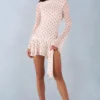 Cendria Long-Sleeve Open-Back Mini Dress in Ivory Polka Dot Print