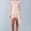 Cendria Long-Sleeve Open-Back Mini Dress in Ivory Polka Dot Print