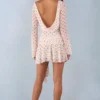 Cendria Long-Sleeve Open-Back Mini Dress in Ivory Polka Dot Print