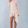 Cendria Long-Sleeve Open-Back Mini Dress in Ivory Polka Dot Print