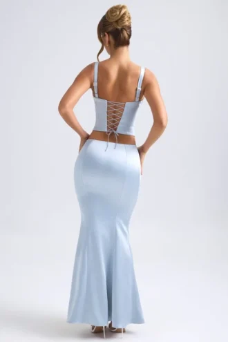 Ceres Mid-Rise Fishtail Maxi Skirt in Light Blue