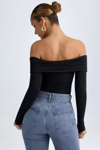 Ceyln Modal Off-Shoulder Ruched Bodysuit in Black