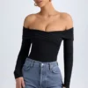 Ceyln Modal Off-Shoulder Ruched Bodysuit in Black