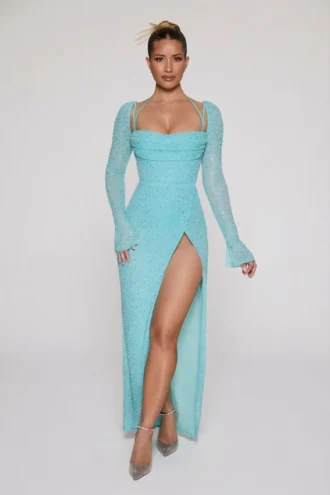 Champel Embellished Cowl Neck Maxi Dress in Aqua