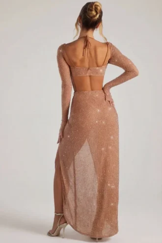Champel Embellished Cowl Neck Maxi Dress in Nude