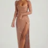 Champel Embellished Cowl Neck Maxi Dress in Nude