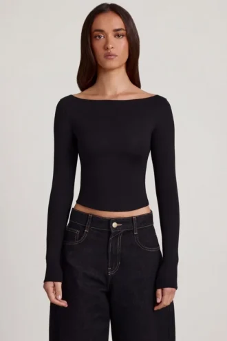 Charliane Modal Boat-Neck Long-Sleeve Top in Black