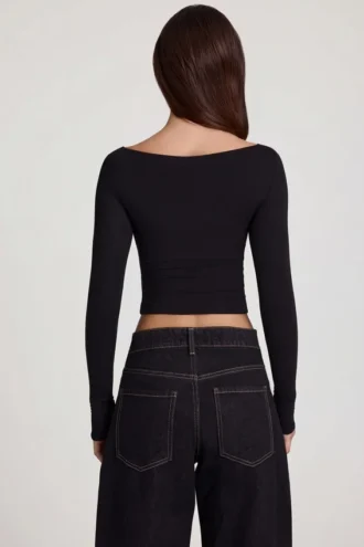 Charliane Modal Boat-Neck Long-Sleeve Top in Black