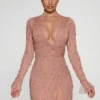 Chelsea Embellished Wrap Over A-Line Mini Dress in Beige