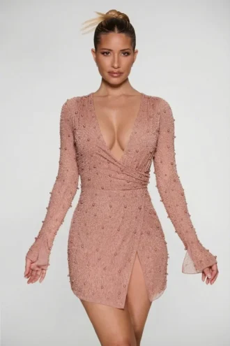 Chelsea Embellished Wrap Over A-Line Mini Dress in Beige