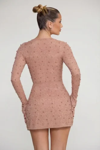 Chelsea Embellished Wrap Over A-Line Mini Dress in Beige