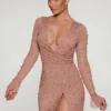 Chelsea Embellished Wrap Over A-Line Mini Dress in Beige