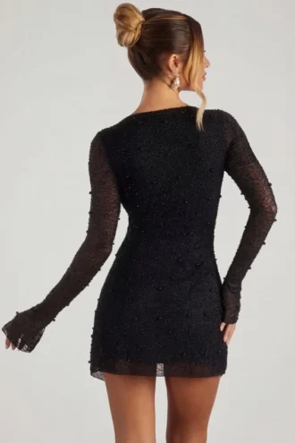 Chelsea Embellished Wrap Over A-Line Mini Dress in Black